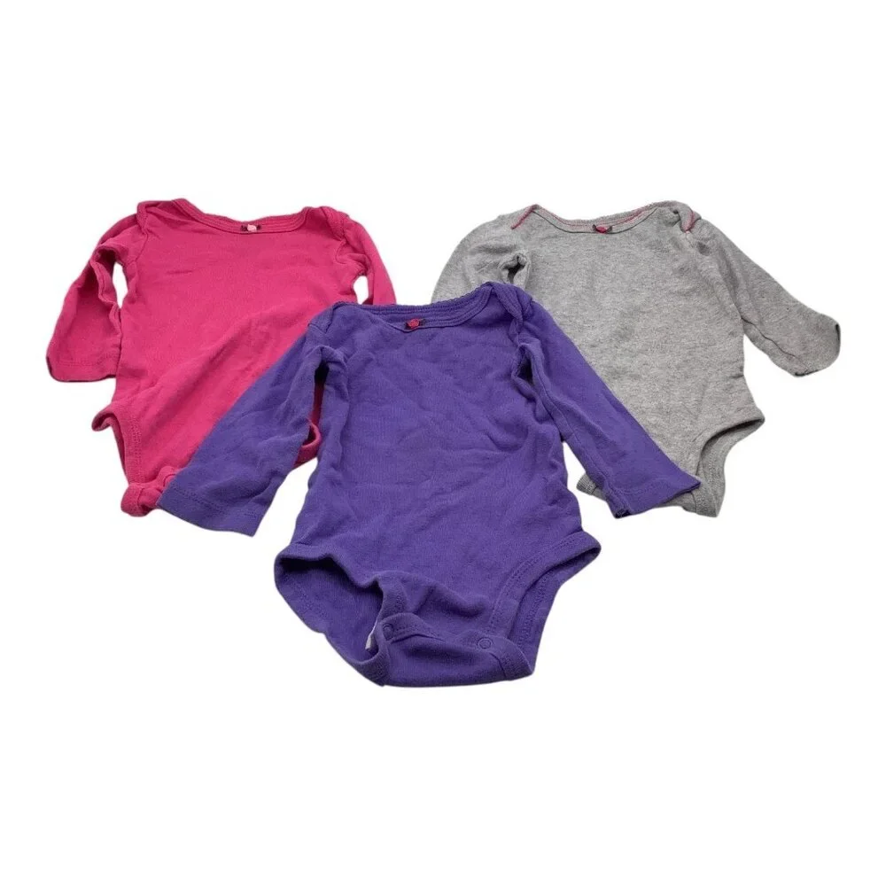 Lot of 3 Carter’s Baby‎ Girl Long Sleeve Bodysuits 6M Pink Purple Gray Cotton